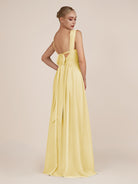 KissDress-Azura Pastel Yellow A-Line V Neck Chiffon Pleated Long Bridesmaid Dress with Slit