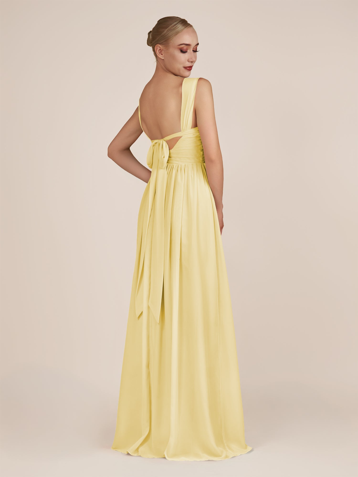 KissDress-Azura Pastel Yellow A-Line V Neck Chiffon Pleated Long Bridesmaid Dress with Slit
