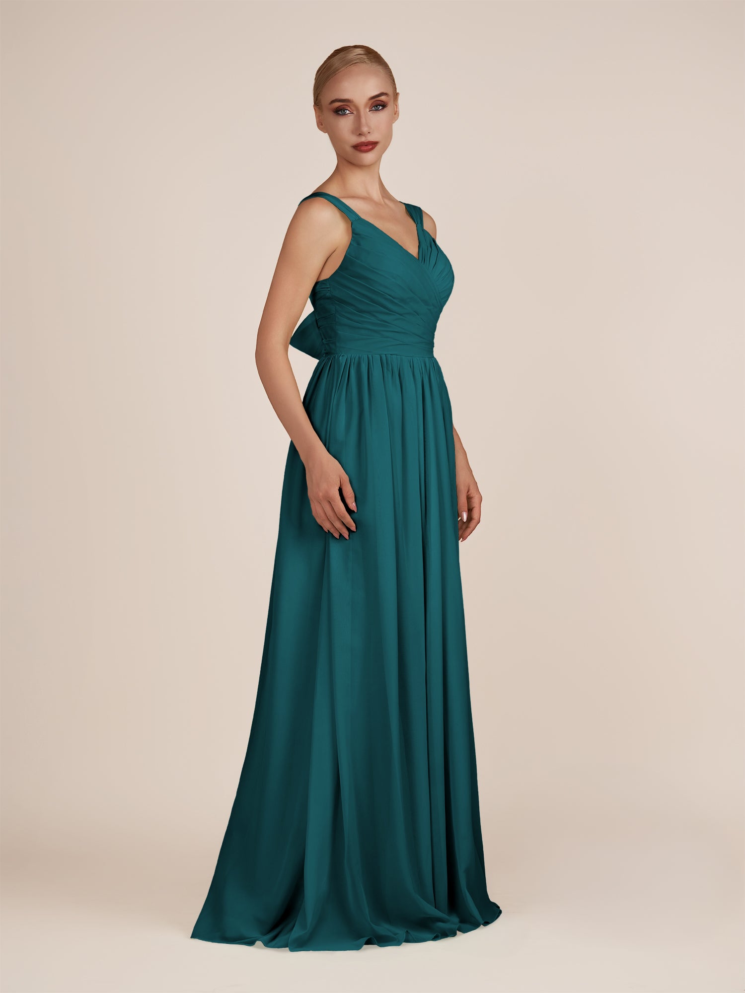 KissDress-Azura Pine A-Line V Neck Chiffon Pleated Long Bridesmaid Dress with Slit
