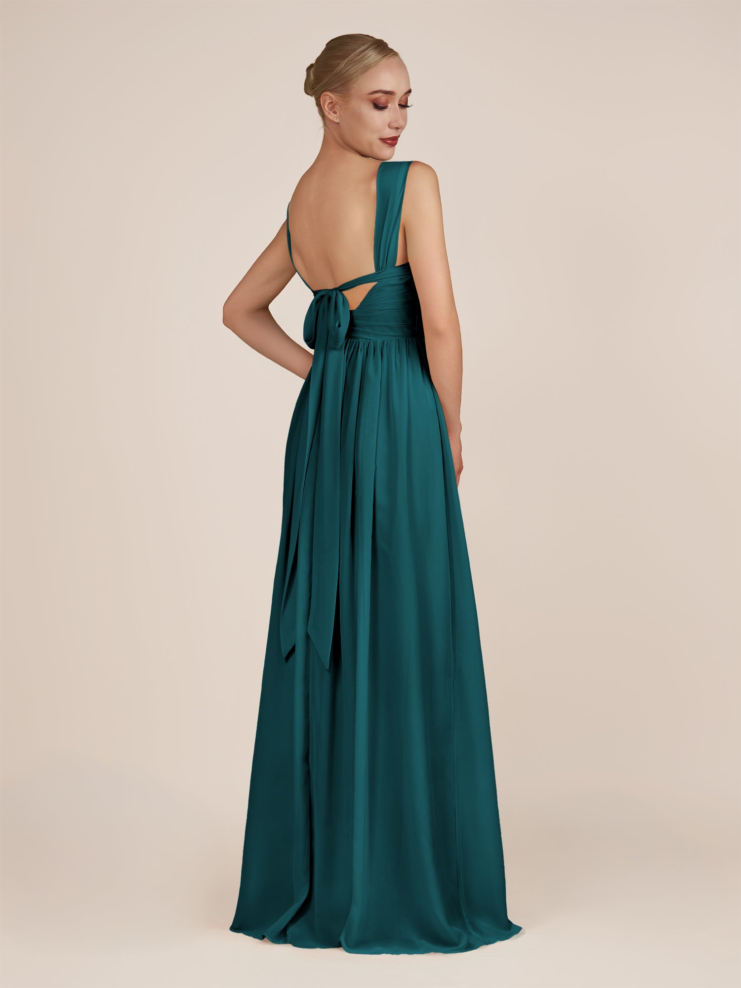 KissDress-Azura Pine A-Line V Neck Chiffon Pleated Long Bridesmaid Dress with Slit