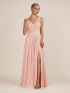 KissDress-Azura Rose Petal A-Line V Neck Chiffon Pleated Long Bridesmaid Dress with Slit