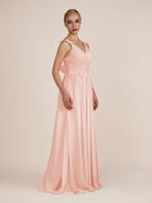 KissDress-Azura Rose Petal A-Line V Neck Chiffon Pleated Long Bridesmaid Dress with Slit