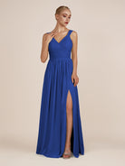KissDress-Azura Royal Blue A-Line V Neck Chiffon Pleated Long Bridesmaid Dress with Slit