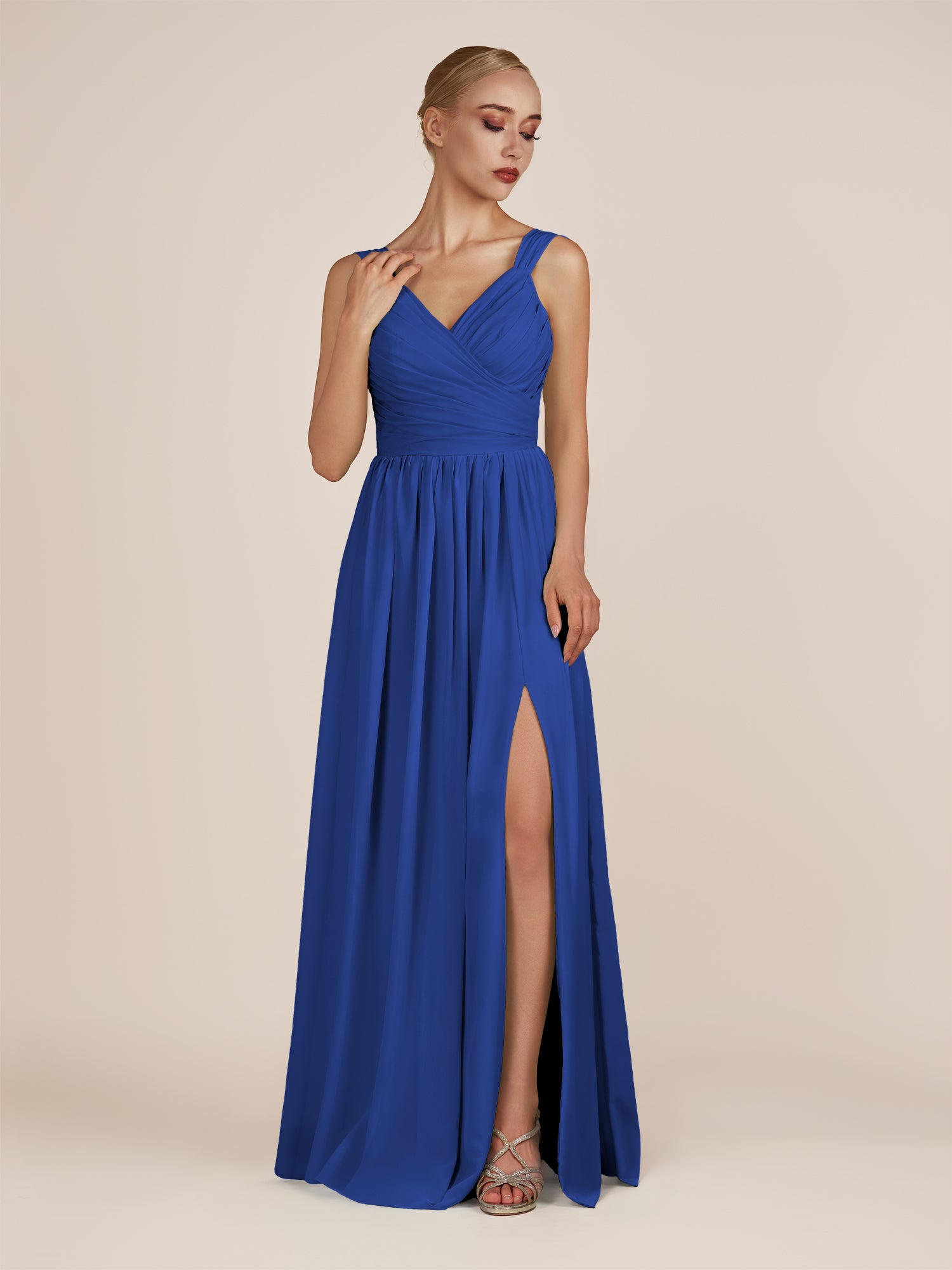 KissDress-Azura Royal Blue A-Line V Neck Chiffon Pleated Long Bridesmaid Dress with Slit