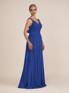 KissDress-Azura Royal Blue A-Line V Neck Chiffon Pleated Long Bridesmaid Dress with Slit