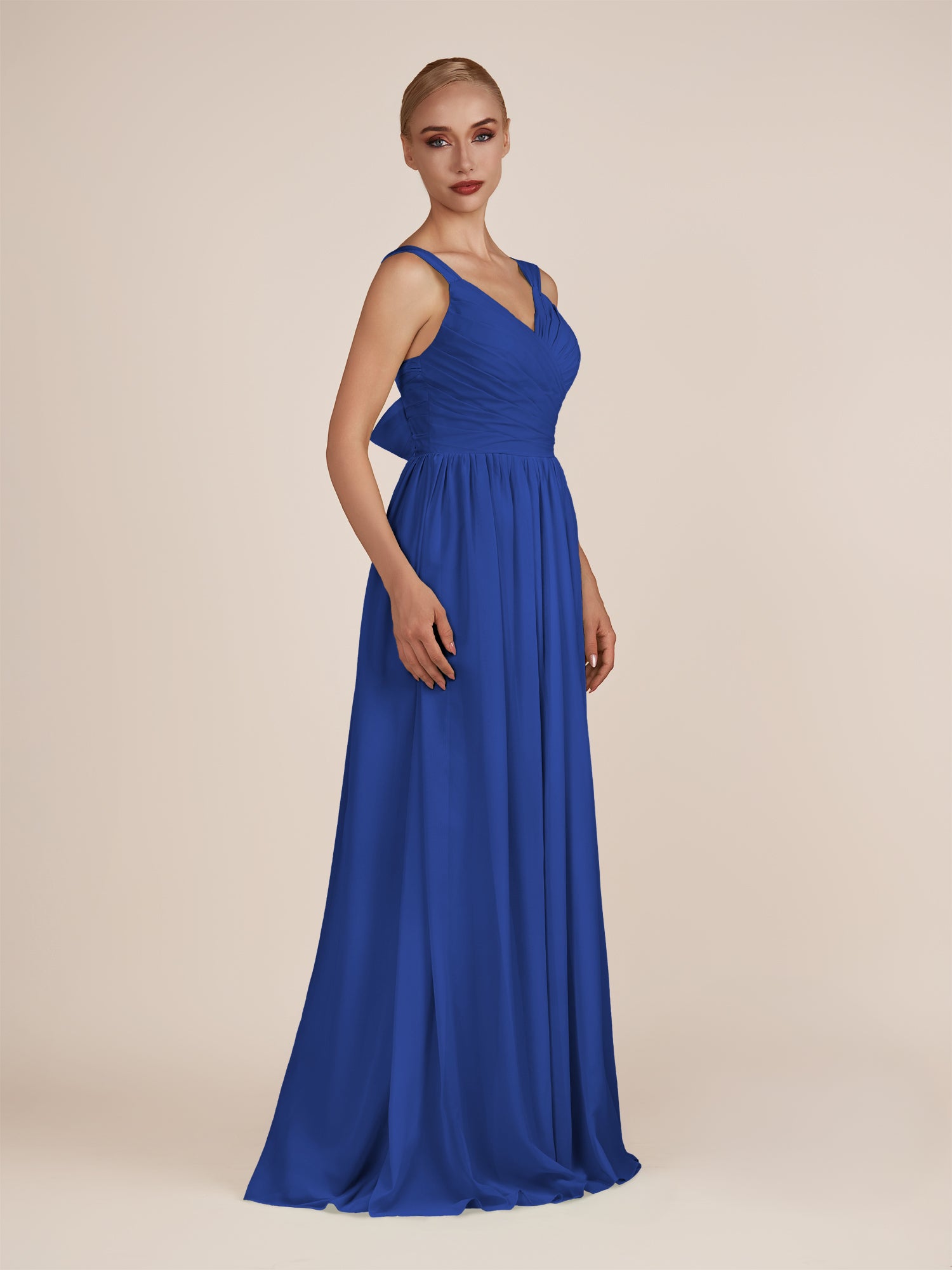 KissDress-Azura Royal Blue A-Line V Neck Chiffon Pleated Long Bridesmaid Dress with Slit