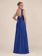 KissDress-Azura Royal Blue A-Line V Neck Chiffon Pleated Long Bridesmaid Dress with Slit