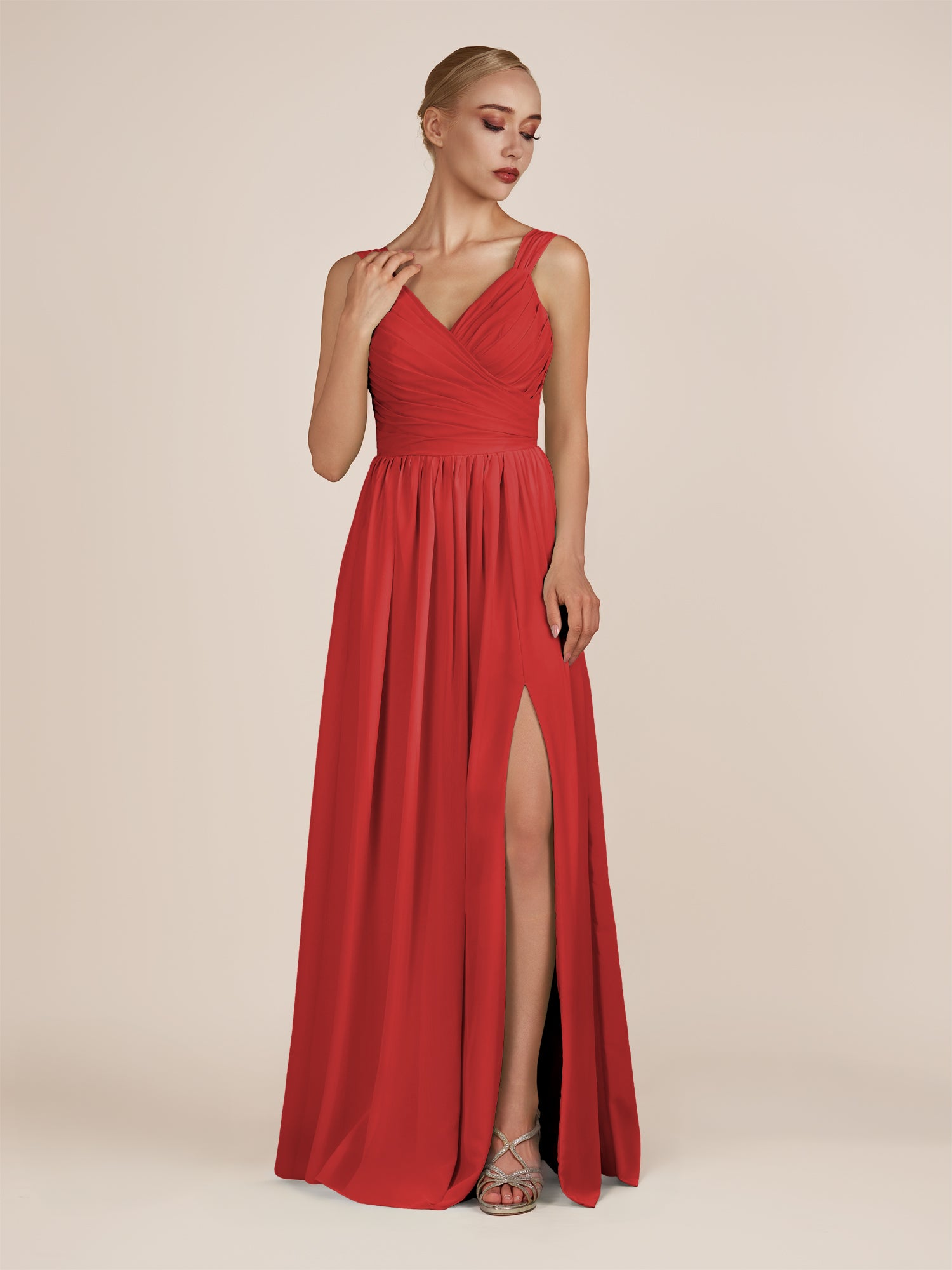 KissDress-Azura Ruby Red A-Line V Neck Chiffon Pleated Long Bridesmaid Dress with Slit