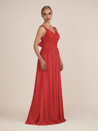 KissDress-Azura Ruby Red A-Line V Neck Chiffon Pleated Long Bridesmaid Dress with Slit