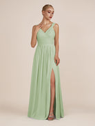 KissDress-Azura Sage A-Line V Neck Chiffon Pleated Long Bridesmaid Dress with Slit