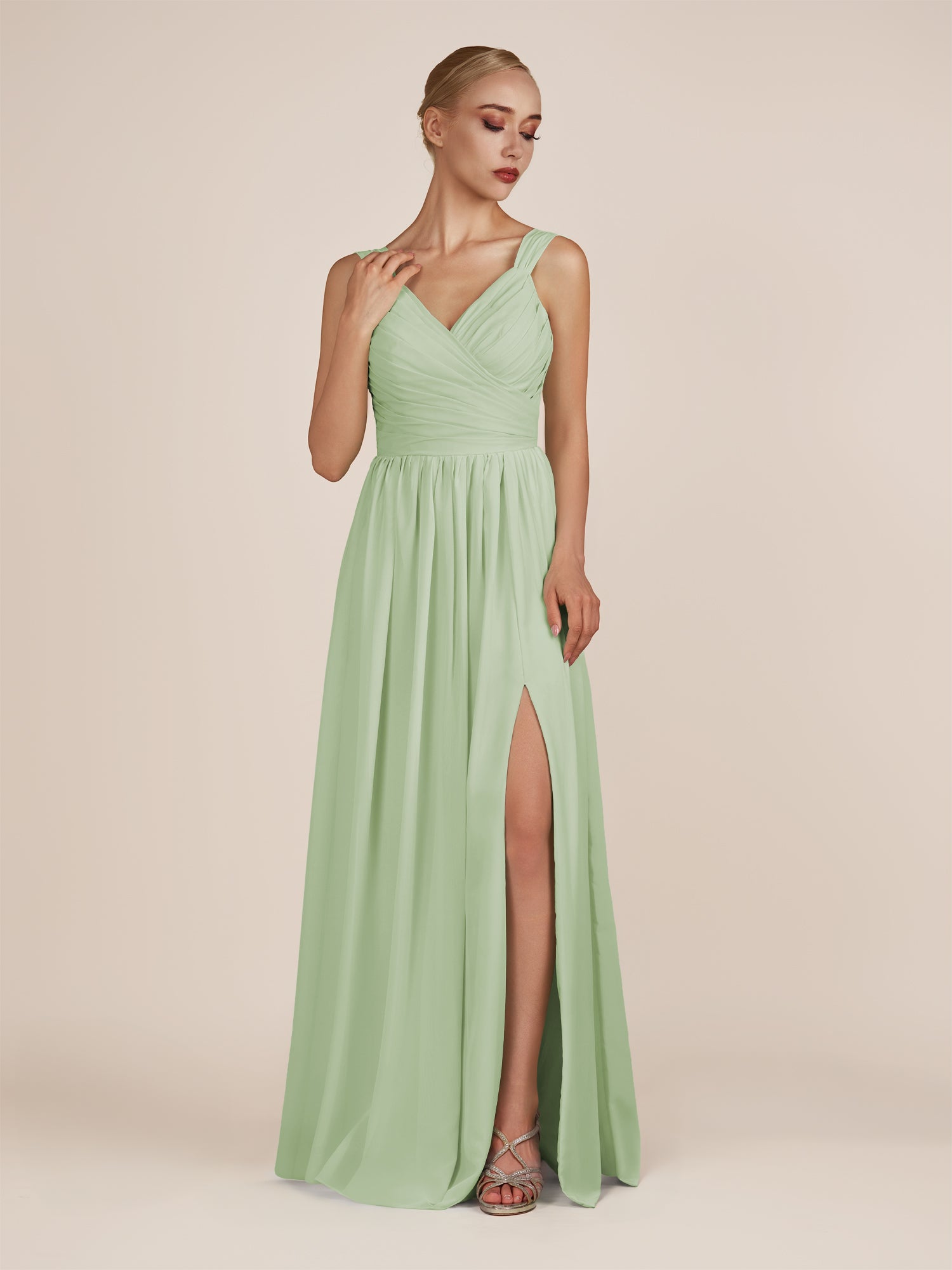 KissDress-Azura Sage A-Line V Neck Chiffon Pleated Long Bridesmaid Dress with Slit