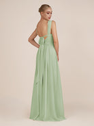 KissDress-Azura Sage A-Line V Neck Chiffon Pleated Long Bridesmaid Dress with Slit