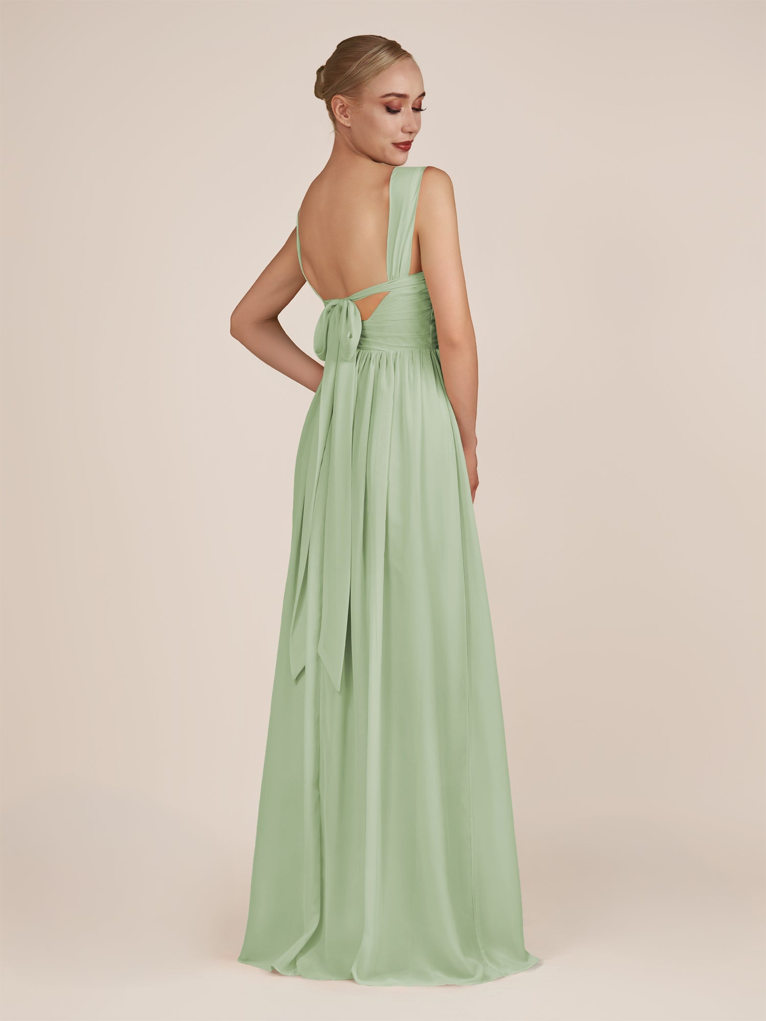 KissDress-Azura Sage A-Line V Neck Chiffon Pleated Long Bridesmaid Dress with Slit
