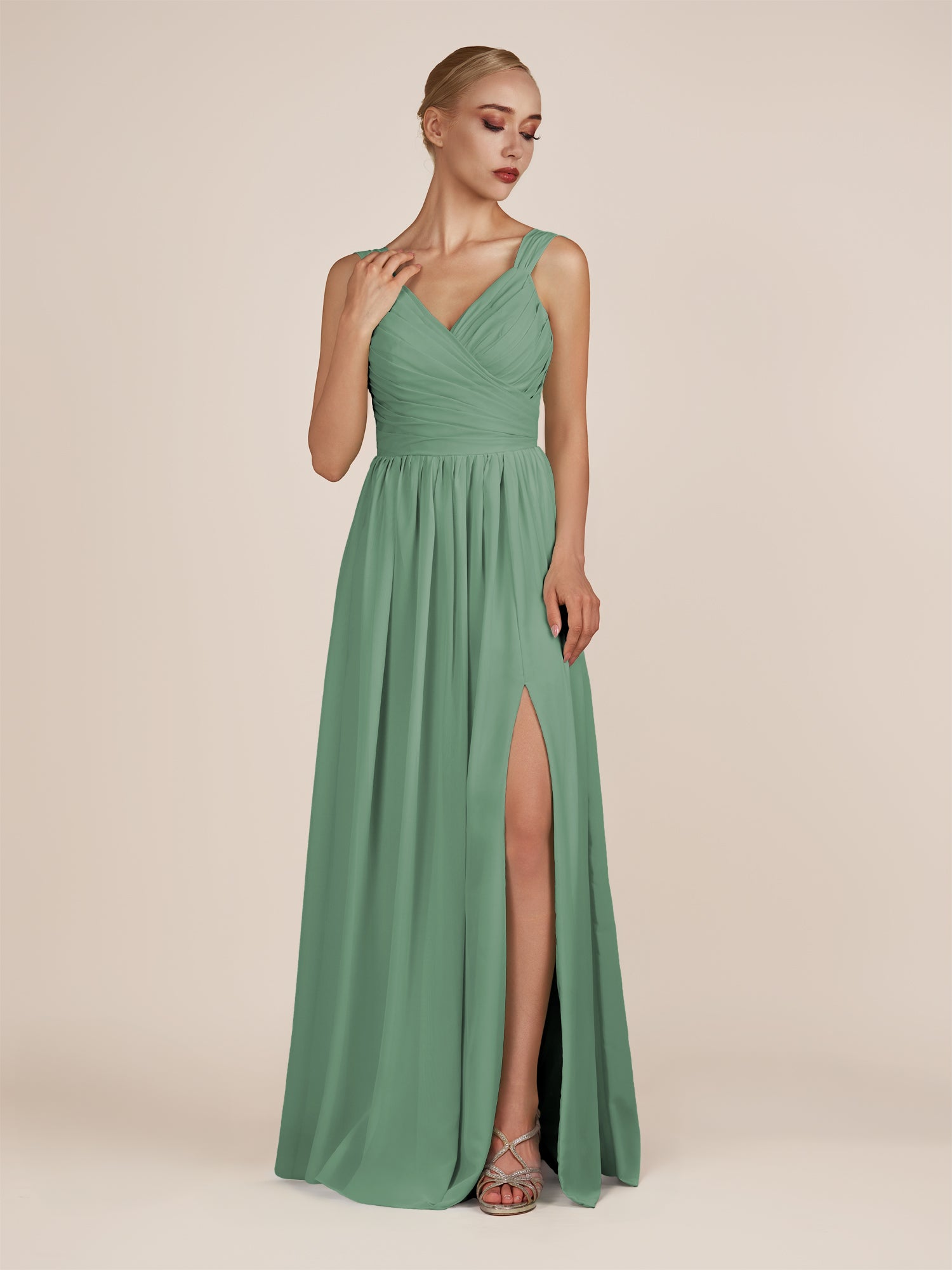 KissDress-Azura Sea Glass A-Line V Neck Chiffon Pleated Long Bridesmaid Dress with Slit
