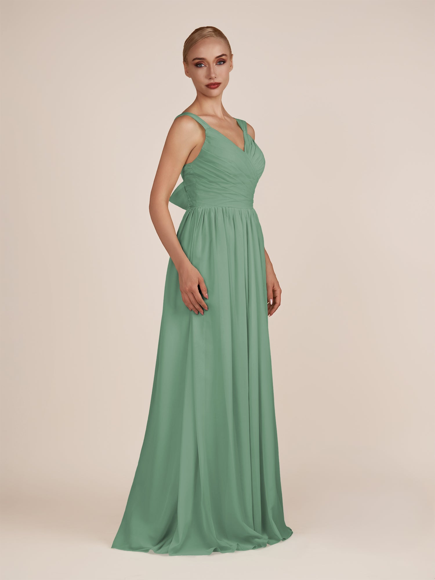 KissDress-Azura Sea Glass A-Line V Neck Chiffon Pleated Long Bridesmaid Dress with Slit