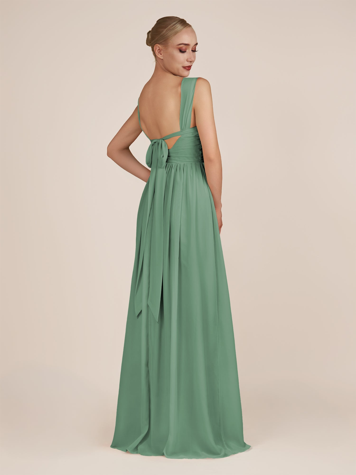KissDress-Azura Sea Glass A-Line V Neck Chiffon Pleated Long Bridesmaid Dress with Slit