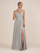 KissDress-Azura Silver A-Line V Neck Chiffon Pleated Long Bridesmaid Dress with Slit