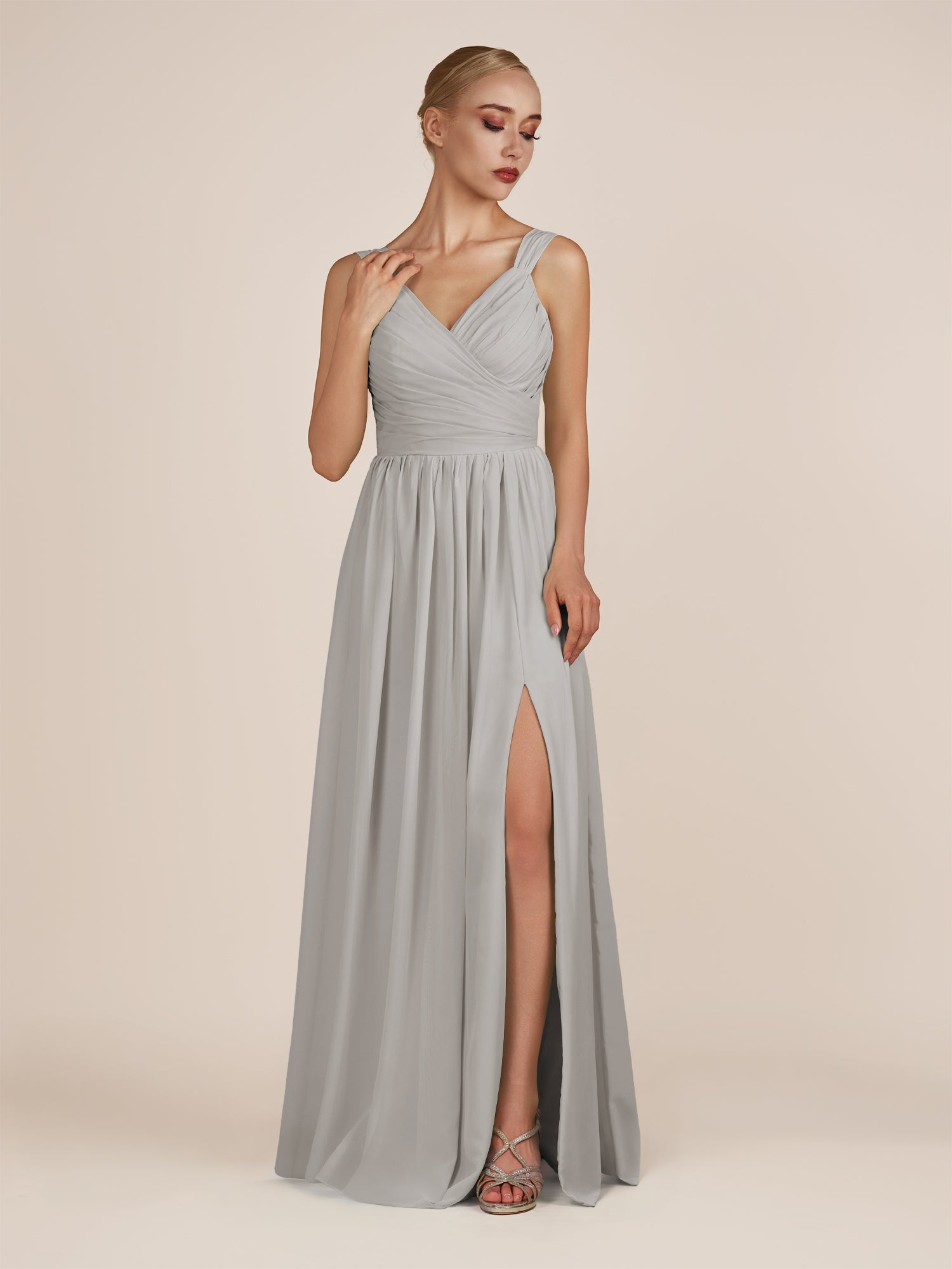 KissDress-Azura Silver A-Line V Neck Chiffon Pleated Long Bridesmaid Dress with Slit