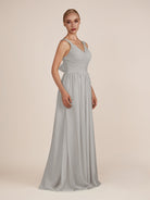 KissDress-Azura Silver A-Line V Neck Chiffon Pleated Long Bridesmaid Dress with Slit
