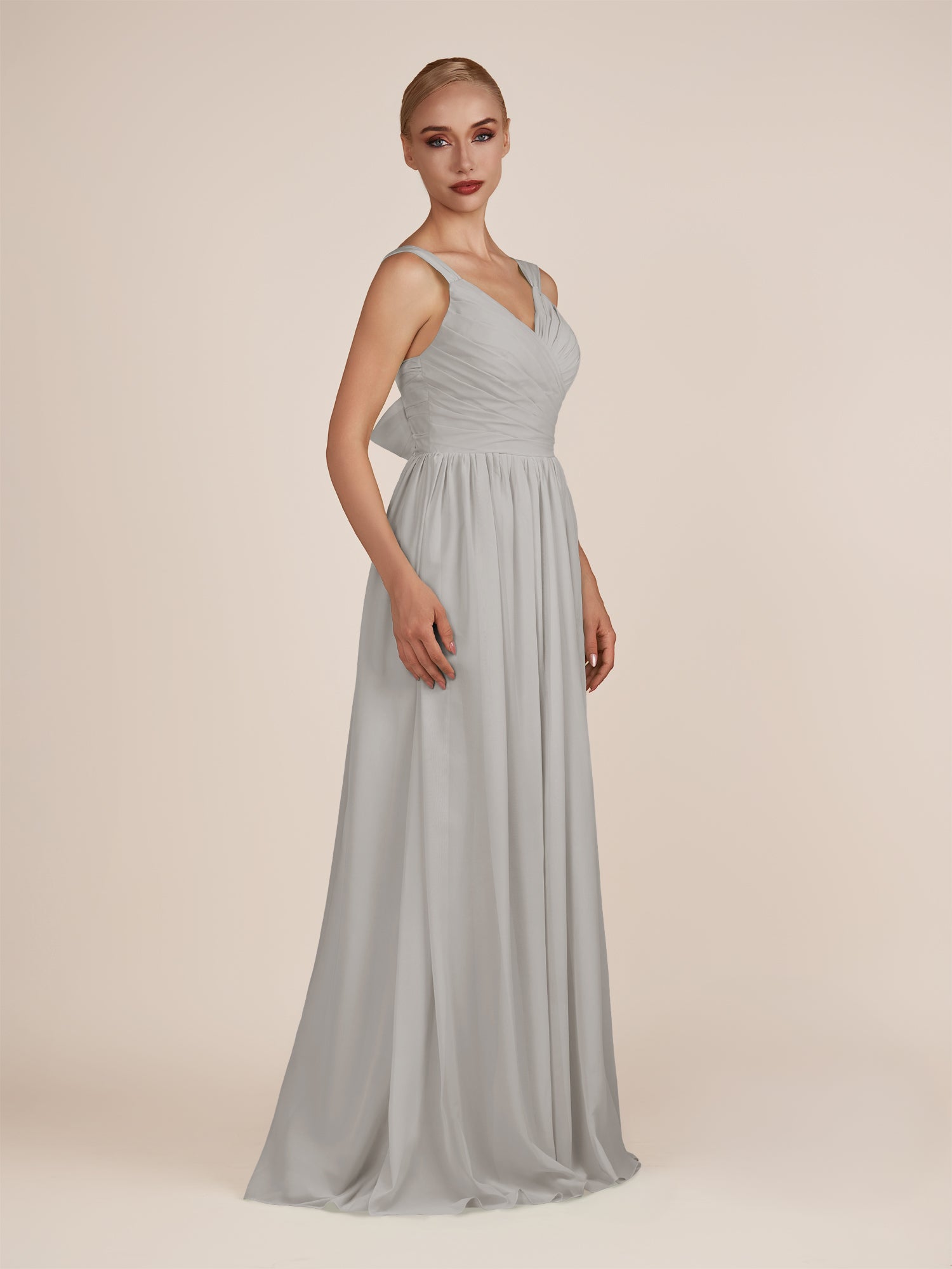 KissDress-Azura Silver A-Line V Neck Chiffon Pleated Long Bridesmaid Dress with Slit
