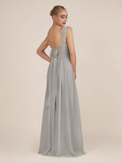 KissDress-Azura Silver A-Line V Neck Chiffon Pleated Long Bridesmaid Dress with Slit