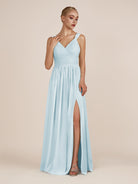 KissDress-Azura Sky Blue A-Line V Neck Chiffon Pleated Long Bridesmaid Dress with Slit