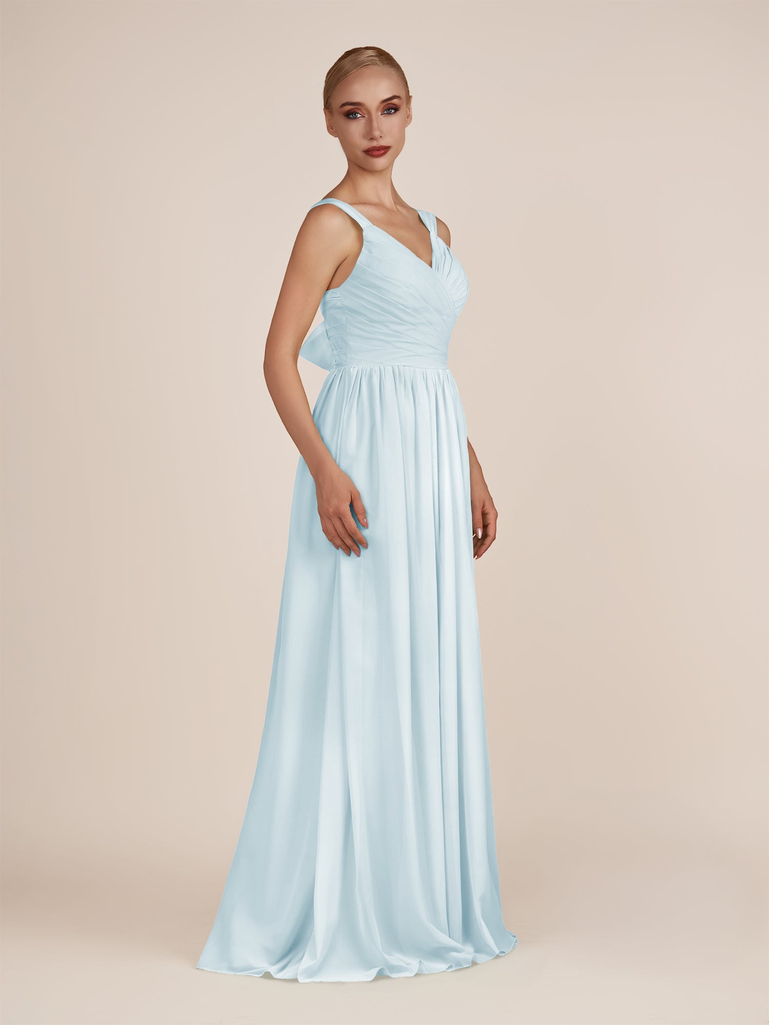 KissDress-Azura Sky Blue A-Line V Neck Chiffon Pleated Long Bridesmaid Dress with Slit