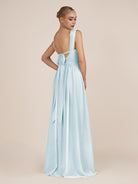 KissDress-Azura Sky Blue A-Line V Neck Chiffon Pleated Long Bridesmaid Dress with Slit