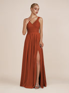 KissDress-Azura Spice A-Line V Neck Chiffon Pleated Long Bridesmaid Dress with Slit