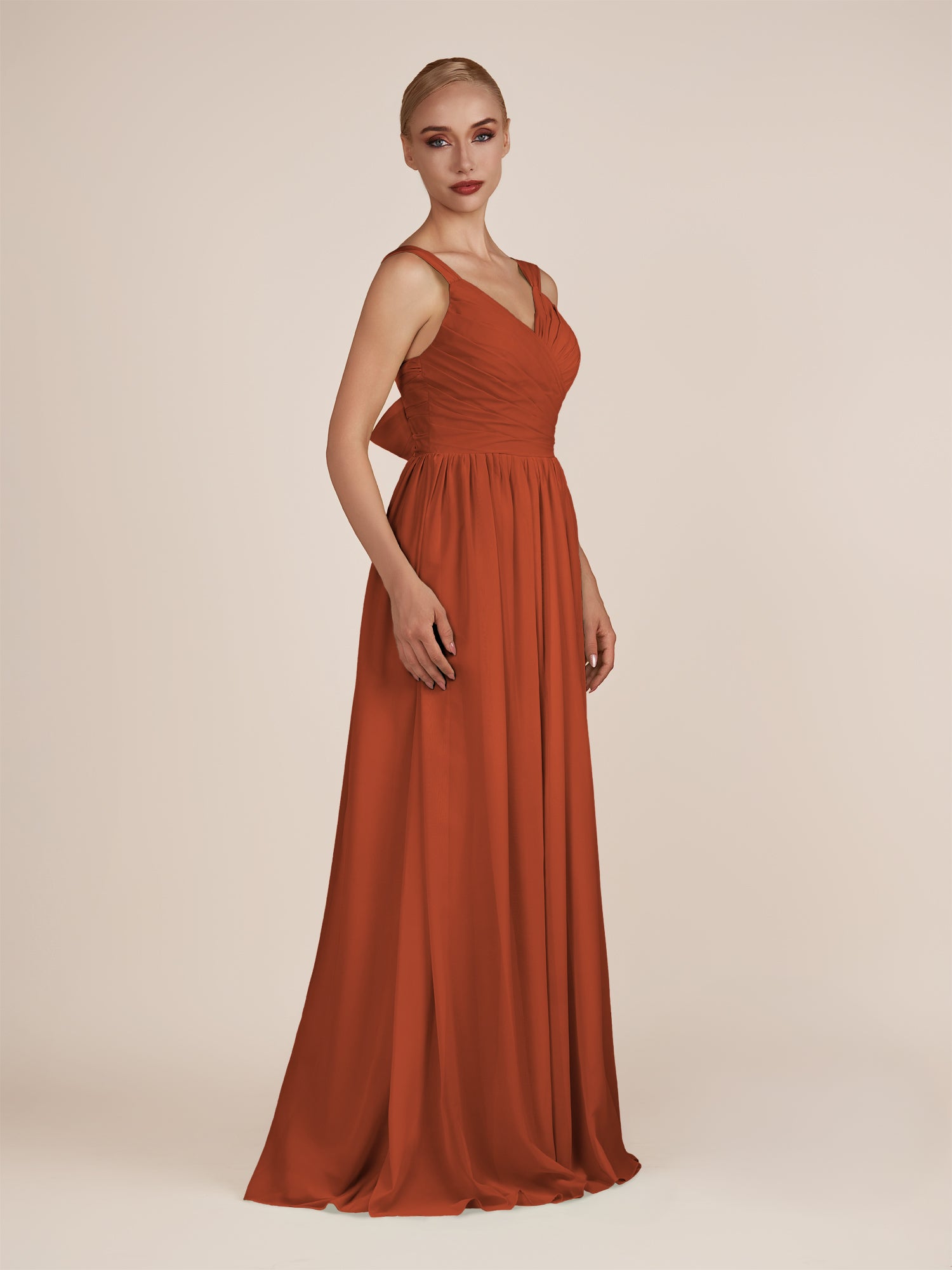 KissDress-Azura Spice A-Line V Neck Chiffon Pleated Long Bridesmaid Dress with Slit