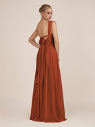 KissDress-Azura Spice A-Line V Neck Chiffon Pleated Long Bridesmaid Dress with Slit