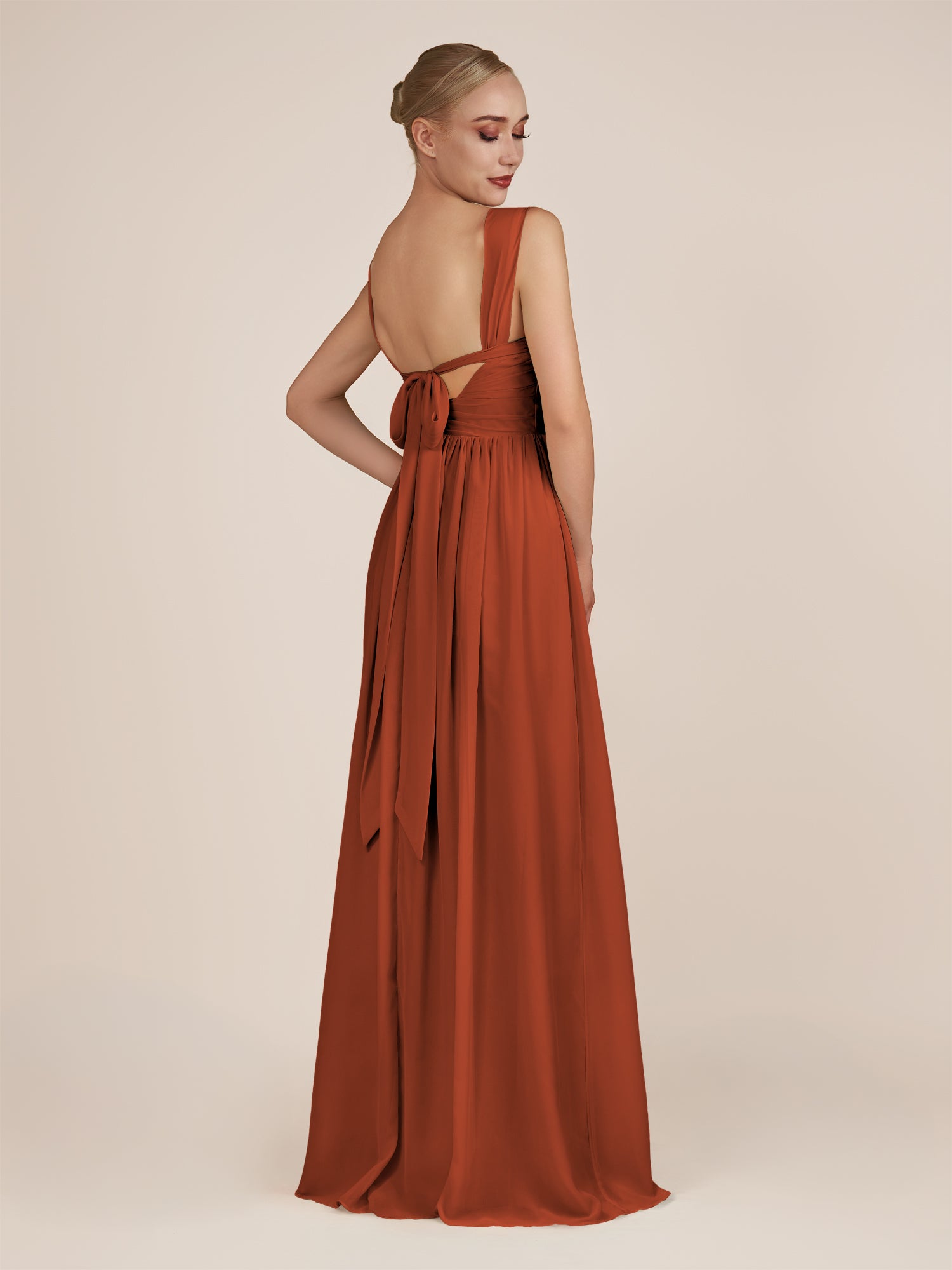 KissDress-Azura Spice A-Line V Neck Chiffon Pleated Long Bridesmaid Dress with Slit