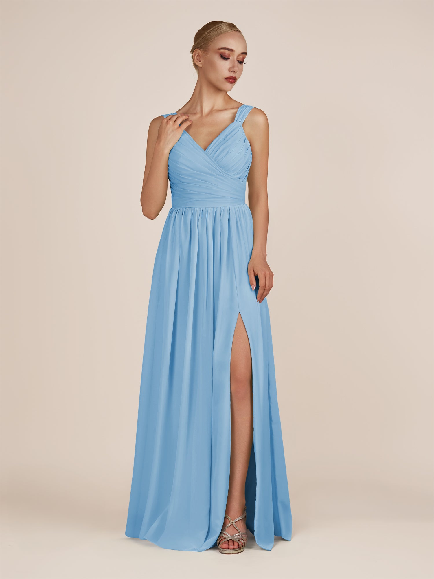 KissDress-Azura Steel Blue A-Line V Neck Chiffon Pleated Long Bridesmaid Dress with Slit