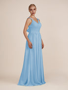 KissDress-Azura Steel Blue A-Line V Neck Chiffon Pleated Long Bridesmaid Dress with Slit