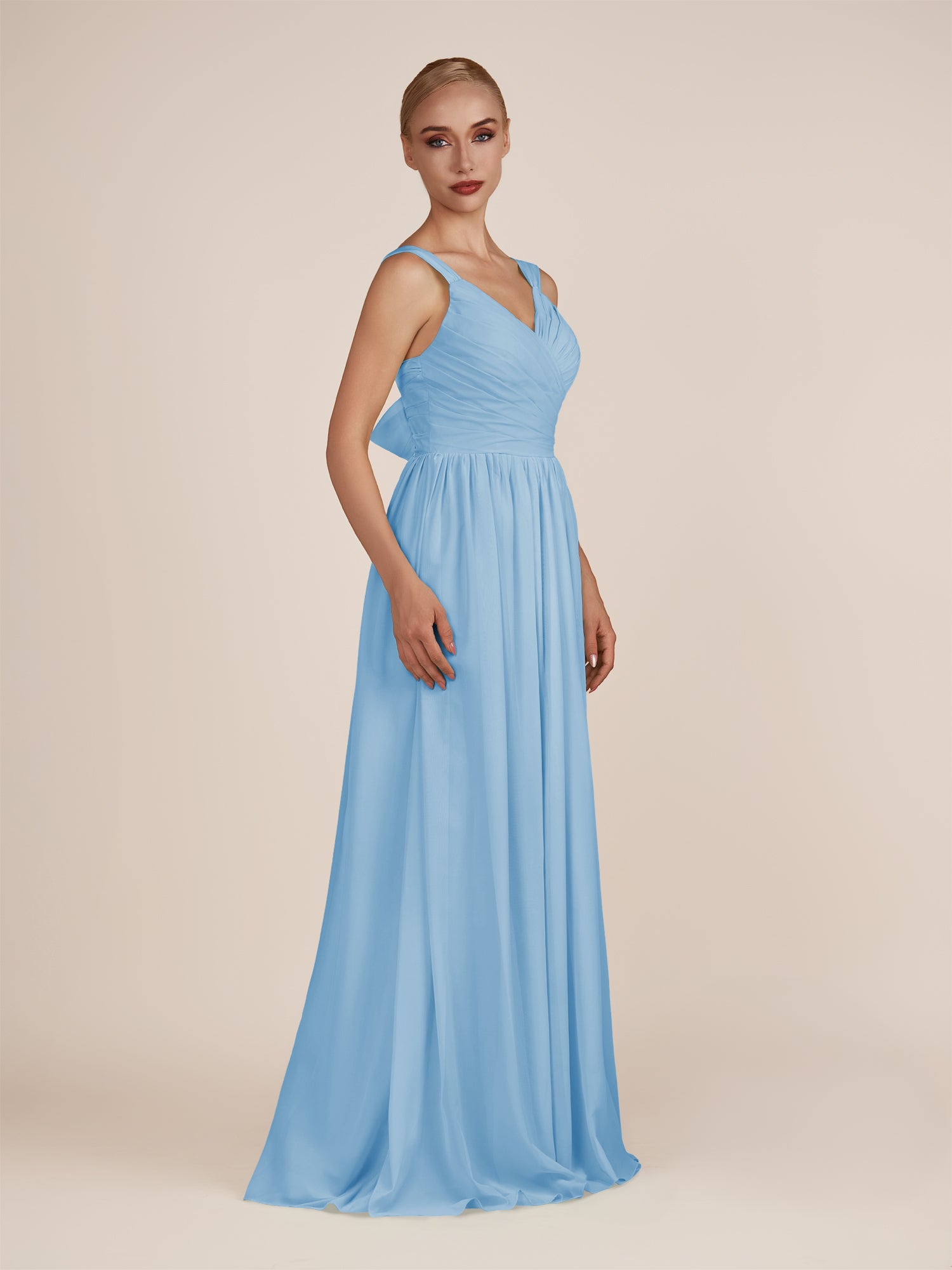 KissDress-Azura Steel Blue A-Line V Neck Chiffon Pleated Long Bridesmaid Dress with Slit