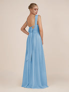 KissDress-Azura Steel Blue A-Line V Neck Chiffon Pleated Long Bridesmaid Dress with Slit