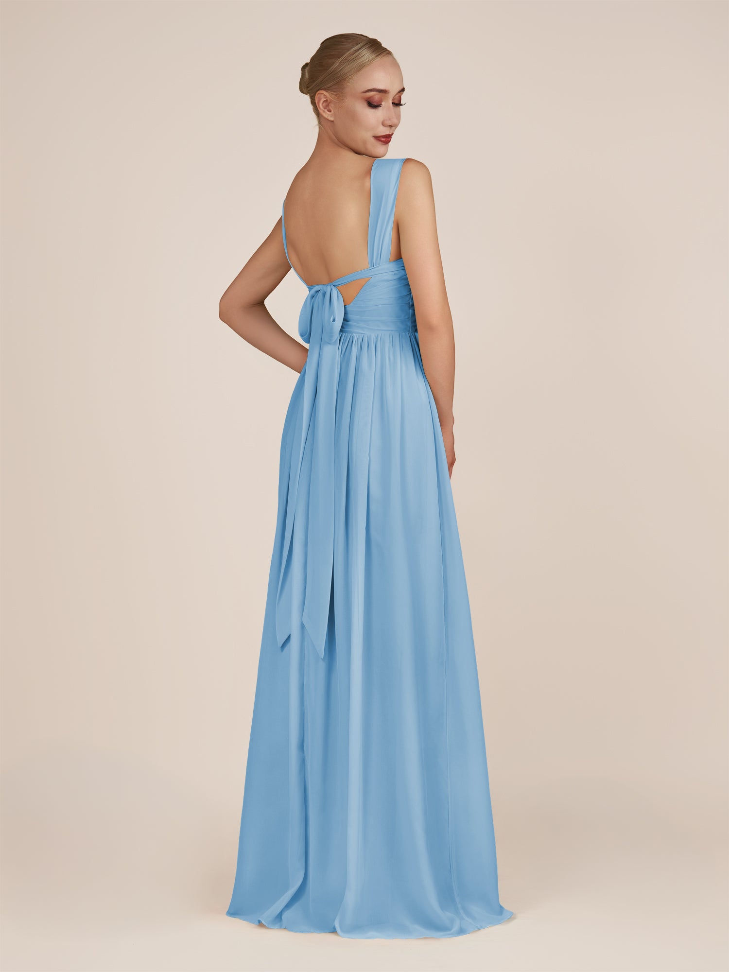 KissDress-Azura Steel Blue A-Line V Neck Chiffon Pleated Long Bridesmaid Dress with Slit