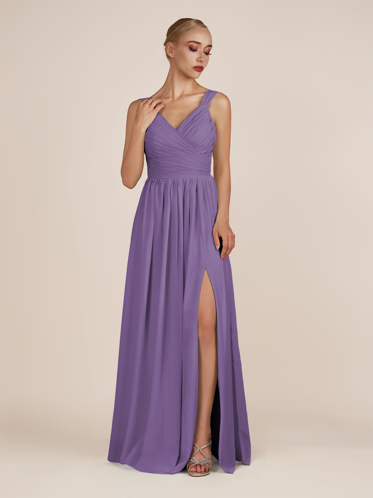 KissDress-Azura Tahiti A-Line V Neck Chiffon Pleated Long Bridesmaid Dress with Slit