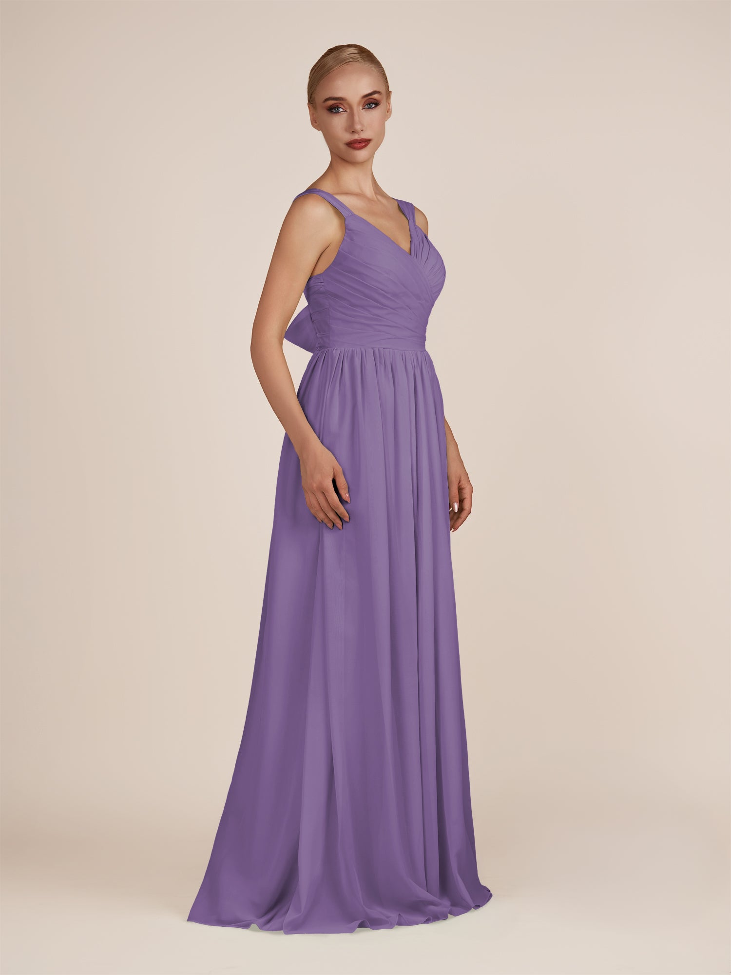 KissDress-Azura Tahiti A-Line V Neck Chiffon Pleated Long Bridesmaid Dress with Slit