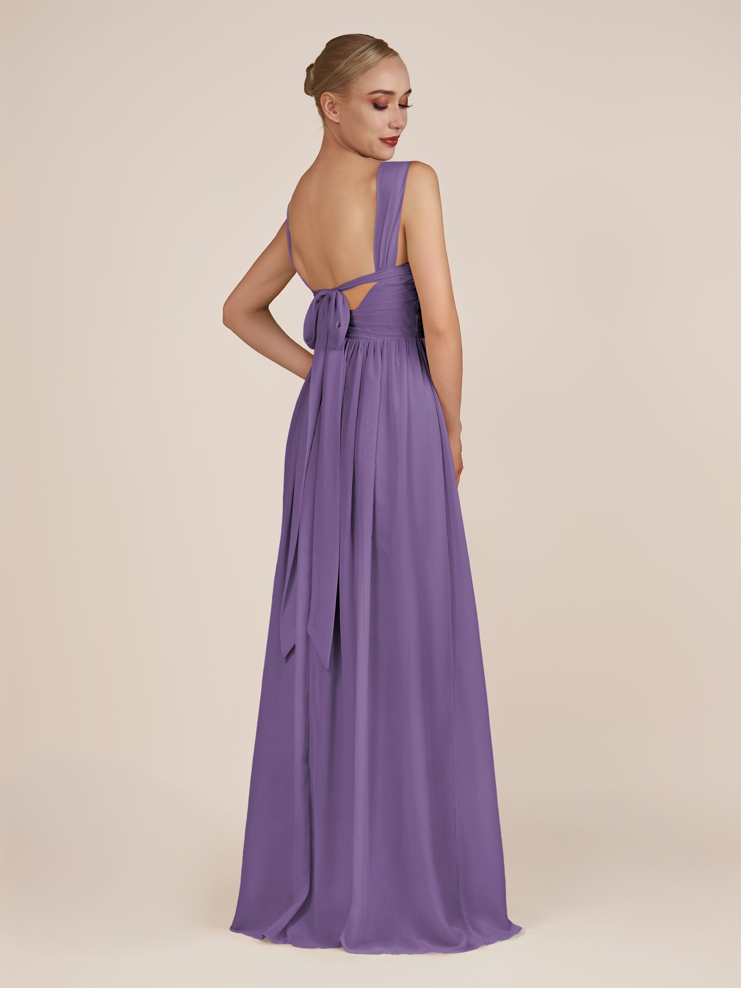 KissDress-Azura Tahiti A-Line V Neck Chiffon Pleated Long Bridesmaid Dress with Slit