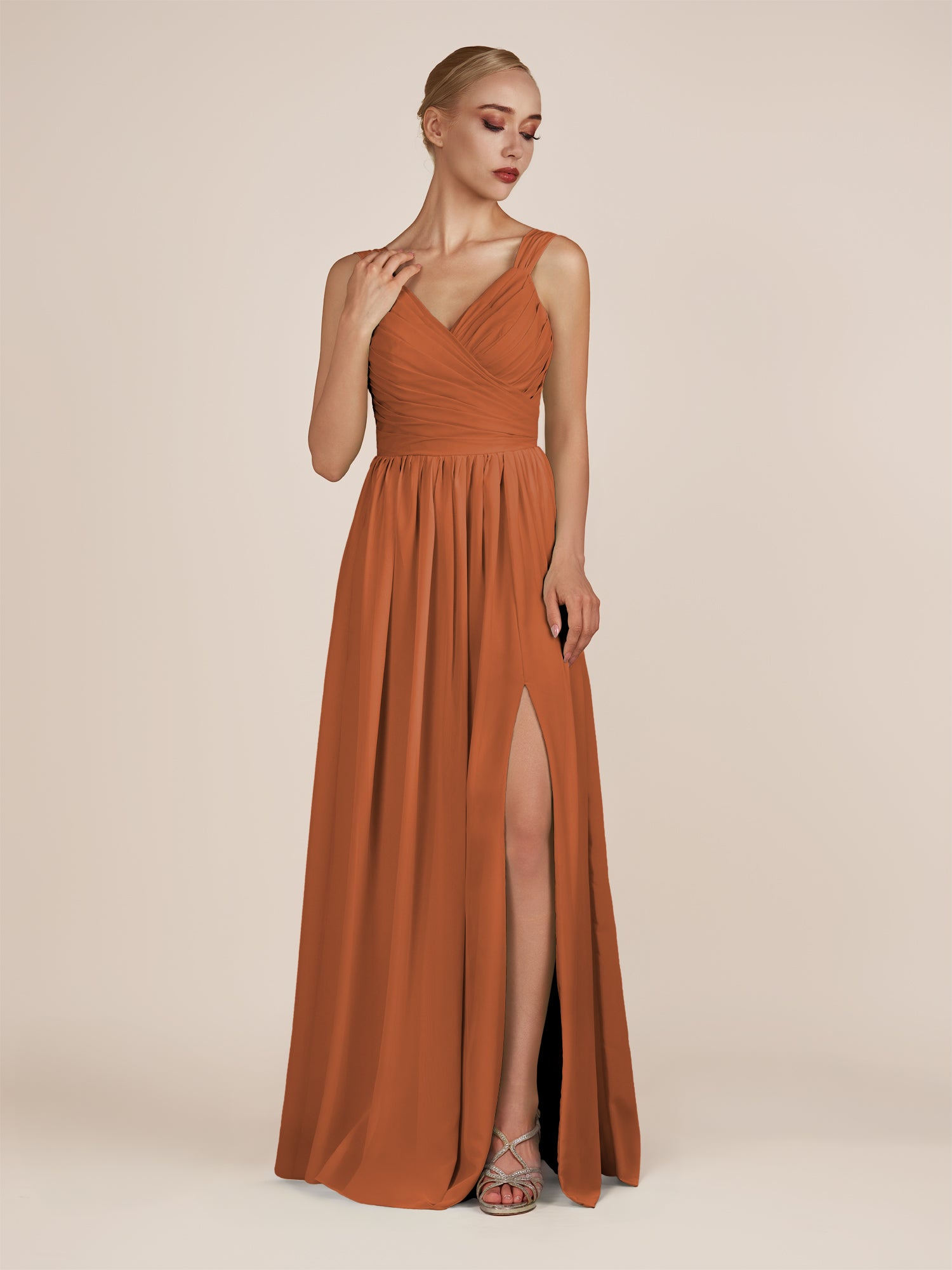 KissDress-Azura Terracotta A-Line V Neck Chiffon Pleated Long Bridesmaid Dress with Slit