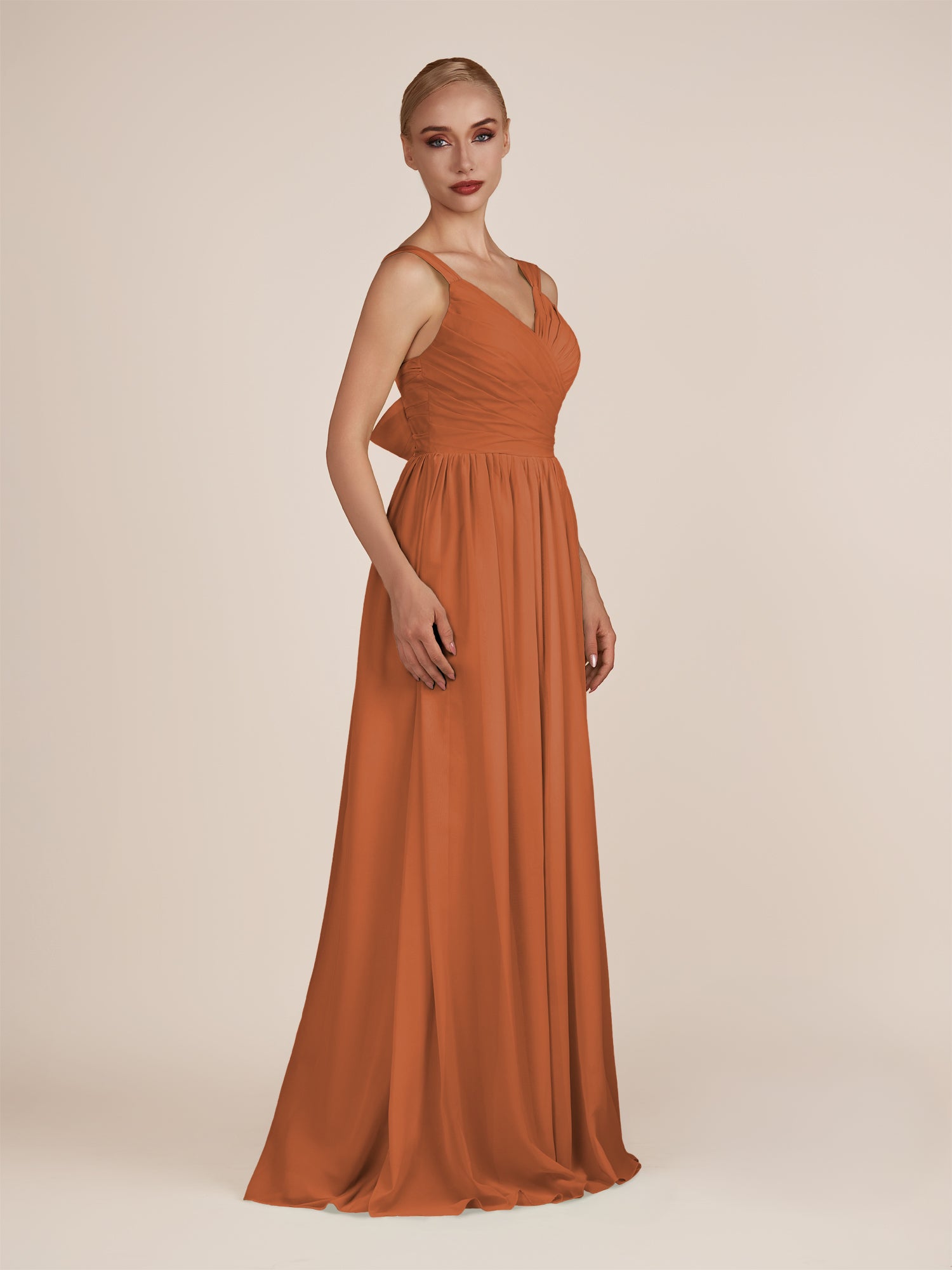 KissDress-Azura Terracotta A-Line V Neck Chiffon Pleated Long Bridesmaid Dress with Slit