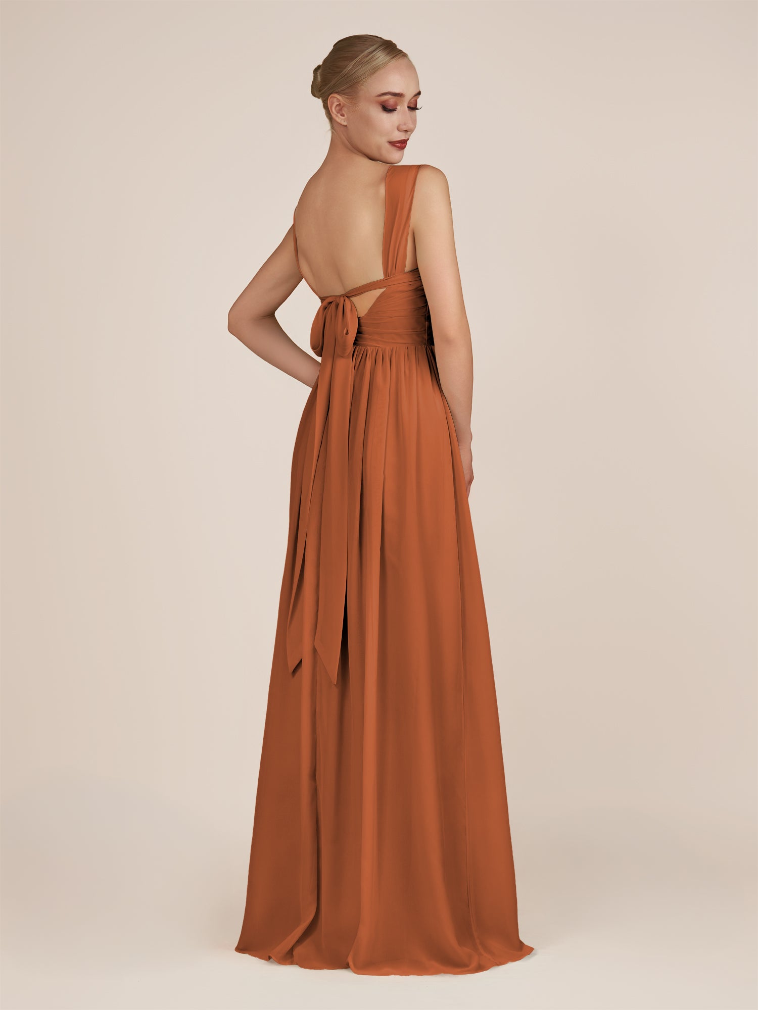 KissDress-Azura Terracotta A-Line V Neck Chiffon Pleated Long Bridesmaid Dress with Slit