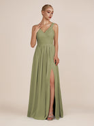 KissDress-Azura Thyme A-Line V Neck Chiffon Pleated Long Bridesmaid Dress with Slit