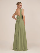 KissDress-Azura Thyme A-Line V Neck Chiffon Pleated Long Bridesmaid Dress with Slit