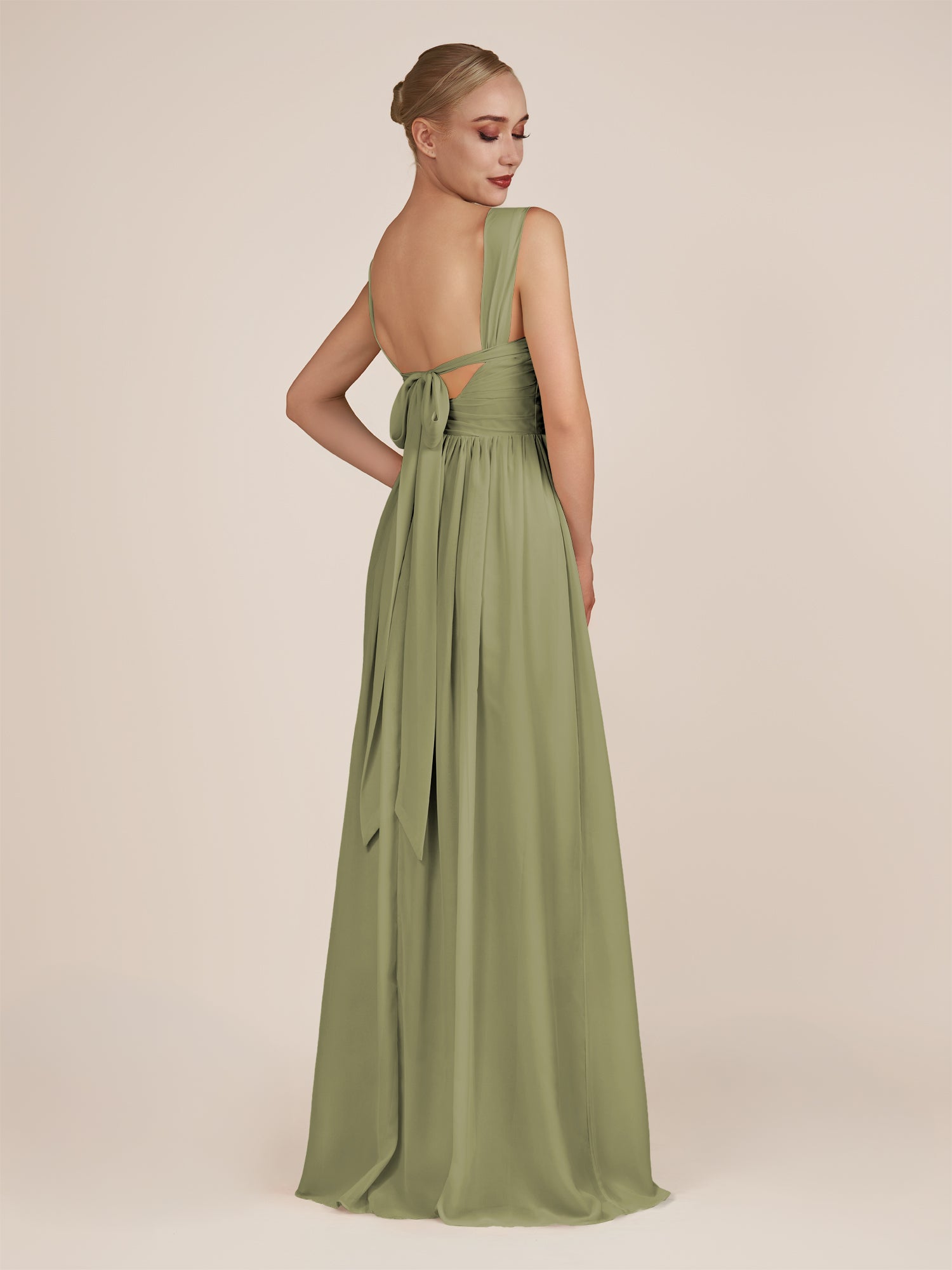 KissDress-Azura Thyme A-Line V Neck Chiffon Pleated Long Bridesmaid Dress with Slit