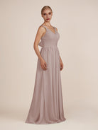 KissDress-Azura Toffee A-Line V Neck Chiffon Pleated Long Bridesmaid Dress with Slit