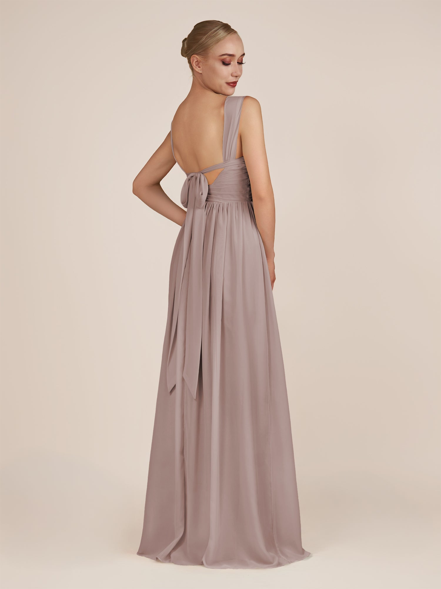 KissDress-Azura Toffee A-Line V Neck Chiffon Pleated Long Bridesmaid Dress with Slit