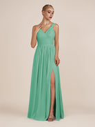 KissDress-Azura Turquoise A-Line V Neck Chiffon Pleated Long Bridesmaid Dress with Slit