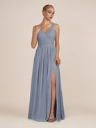 KissDress-Azura Twilight A-Line V Neck Chiffon Pleated Long Bridesmaid Dress with Slit